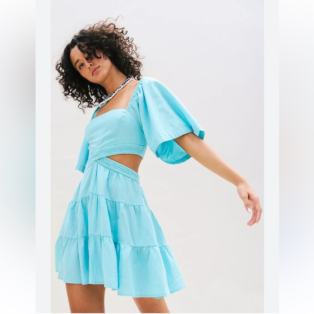 Free People Cross of Sunlight Cut Out Linen Mini Blue Dress Size L